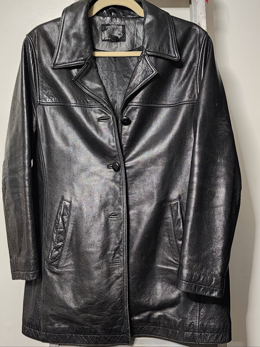 70s Danier Heavyweight Black Leather Car Coat Mid Length Trench Mens M Womens Xl